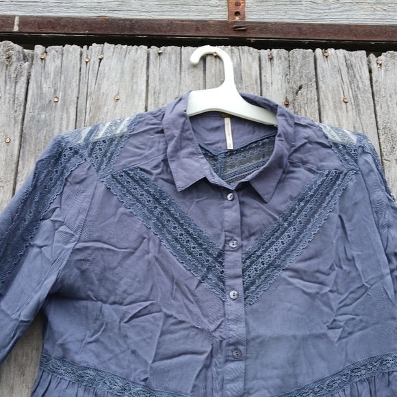 Free People Sz Small Wild Wing Blue Lace Button Front Tunic Blouse Womens - Picture 5 of 7